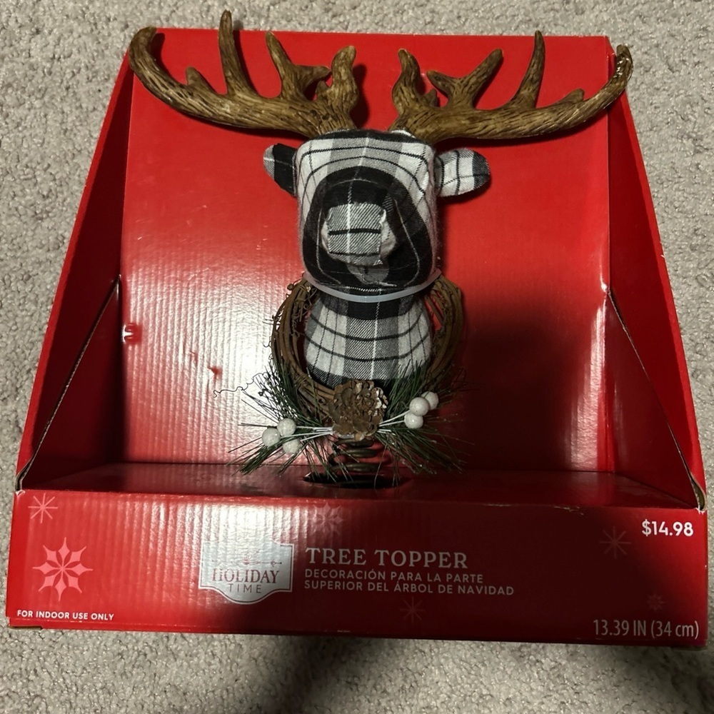 Holiday Time Deer Buck Head Christmas Tree Topper Black White Plaid